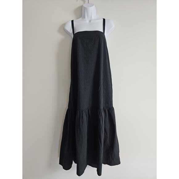 Everlane Dress Womens 12 Black Pinafore Tie Tiered Drop Waist Cottage Staple - Picture 1 of 10